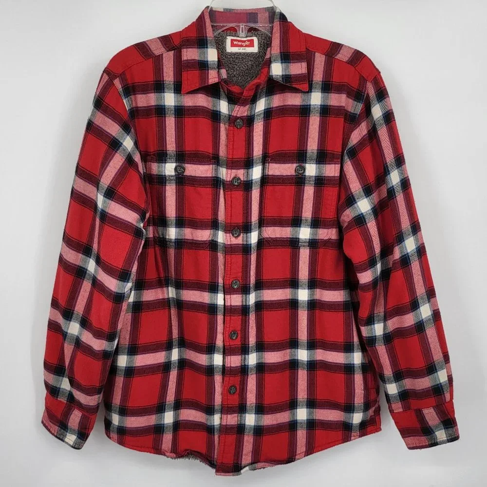 Wrangler Jacket Small Red Tartan Plaid Flannel Shacket Sherpa Lined Warm Soft - Picture 1 of 4